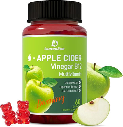 LanranBee Apple Cider Vinegar Gummies 1000mg with Vitamins B12 Multivitamin ACV Supplement Gummy – Supports Digestion, Energy, Weight Management & Gut Health – Vegan, Non-GMO, Gluten-Free – 60 Count
