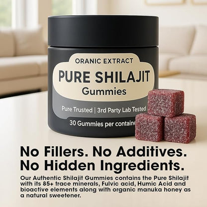 Shilajit Gummies–Himalayan Source 9000mg, Energy & Immune Support for Men & Women, Fulvic Acid + 85 Trace Minerals, Manuka Honey Flavor, Organic, Non-GMO, 30 Vegan Gummies