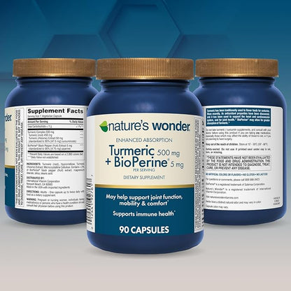 Nature's Wonder Turmeric Supplement with BioPerine - Enhanced Absorption Turmeric Complex 500mg with BioPerine 5mg for Joint Function, Mobility, and Comfort, 90 Vegetarian Turmeric Capsules