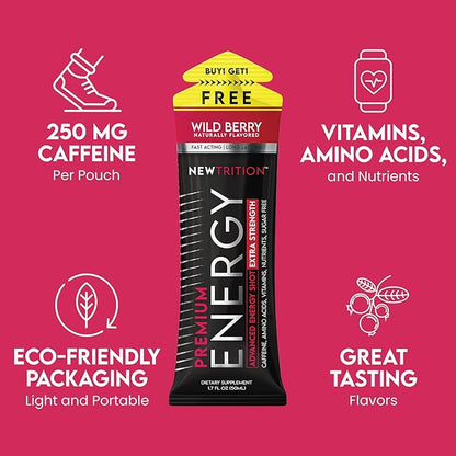 NewTrition® Extra Strength Energy Shots, 1.7 fl oz - 250mg Caffeine with Vitamin B & Amino Acids, Sugar-Free, Zero Calorie Vitamin Energy Drink for Focus & Endurance (Pack of 6, Wild Berry)