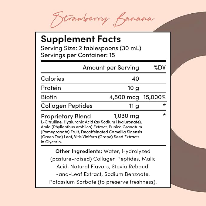 Tranont Glow Liquid Collagen for Women | Multi Collagen Peptides with Hyaluronic Acid & Biotin | Hair, Skin & Nail Support | Hydrolyzed Collagen Shot | Strawberry Banana | 15 fl oz