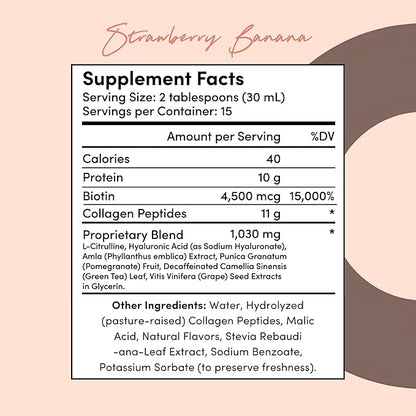 Tranont Glow Liquid Collagen for Women | Multi Collagen Peptides with Hyaluronic Acid & Biotin | Hair, Skin & Nail Support | Hydrolyzed Collagen Shot | Strawberry Banana | 15 fl oz