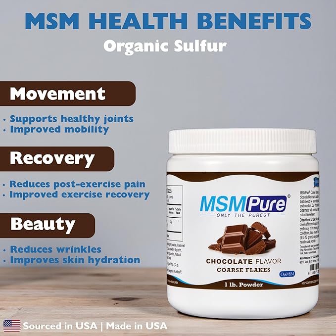 KALA HEALTH MSMPure Chocolate Flavored Coarse MSM Powder Flakes – US-Made MSM for Joint Health, Skin Appearance, and Hair & Nail Support – 1 lb, Organic Sulfur