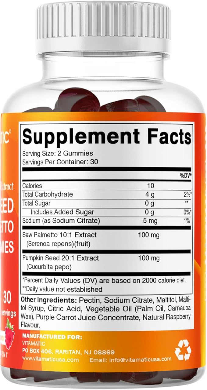 Vitamatic Pumpkin Seed 20:1 Extract & Saw Palmetto 10:1 Extract Gummies – Sugar-Free Botanical Extract – Natural Raspberry Flavor – Vegan, Non-GMO, Plant-Based Gummies – 60 Count - 2 Pack (120 Count)