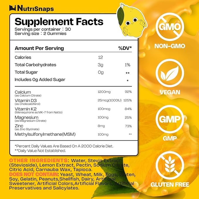 Sugar Free Calcium Citrate Gummies 1200mg with Vitamin D3 K2, Magnesium, Zinc, MSM for Men & Women, Bone, Muscle, Immune Support, Ultimate Absorption Calcium Supplement, Vegan, 60 Count