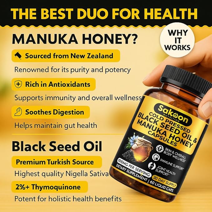 Black Seed Oil Capsules - With New Zealand Manuka Honey, Cold Pressed Turkish Nigella Sativa Oil, 2% Thymoquinone, Immune & Digestive Support, Made in USA, 60 Count, 1010mg per serving