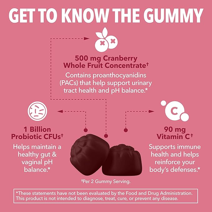 Probiotic Cranberry Gummies for Women - Urinary Tract Health and pH Balance - 1 Billion CFU of Lactobacillus for Bladder Support and Vaginal Wellness - Cran-Raspberry Flavor, 60 count, 1-Month Supply
