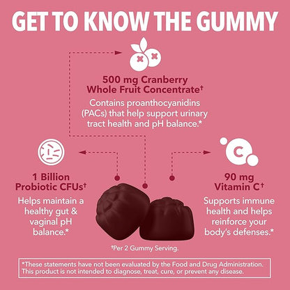 Probiotic Cranberry Gummies for Women - Urinary Tract Health and pH Balance - 1 Billion CFU of Lactobacillus for Bladder Support and Vaginal Wellness - Cran-Raspberry Flavor, 60 count, 1-Month Supply