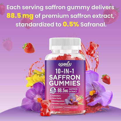 Saffron Supplement Gummies, 10-in-1 Cortisol Supplement with Saffron 88.5mg, Magnesium, Rhodiola Rosea, Ashwagandha, L-Theanine, St. John's Wort, for Calm, Focus & Relaxation, 60 Count