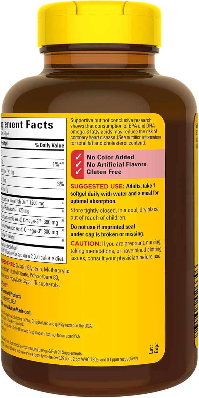 Nature Made Burp-Less Fish Oil 1200 mg One Per Day, 120 Softgels, Fish Oil Omega 3 Supplement for Heart Health (Pack of 3)