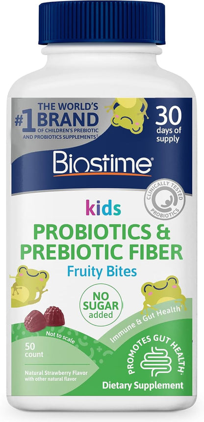 Biostime Kids Prebiotic & Probiotic Gummies (Ages 4+) | Probiotics for Kids | Includes 2 Billion CFU to Support Digestive Health| No added sugar Fruity Bites | Free from Top 9 Allergens |50 Count