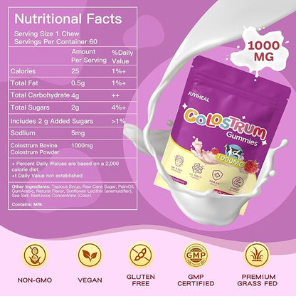 Colostrum Gummies, 1000 mg Grass Fed Colostrum Chews Colostrum Supplement for Gut Health, Hair Growth, Beauty, and Immune Support, Raspberry Flavor 60 Servings