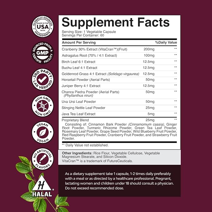 Advanced Kidney Support Supplement - Kidney Cleanse Detox & Repair Cranberry Extract Capsules with Uva Ursi, Stinging Nettle & Astragalus for Kidney Health - Urinary Tract Health - 60 Count