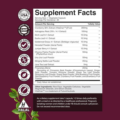 Advanced Kidney Support Supplement - Kidney Cleanse Detox & Repair Cranberry Extract Capsules with Uva Ursi, Stinging Nettle & Astragalus for Kidney Health - Urinary Tract Health - 60 Count