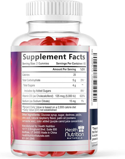 Vitamin D3 Gummies 125 mcg (5000 IU) Per Serving - 3X Strength Immune Support & Bone Support, Vitamin D Gummy Dietary Supplement, Nature's Berry D Vitamin Supplement, Raspberry Flavored - 120 Gummies