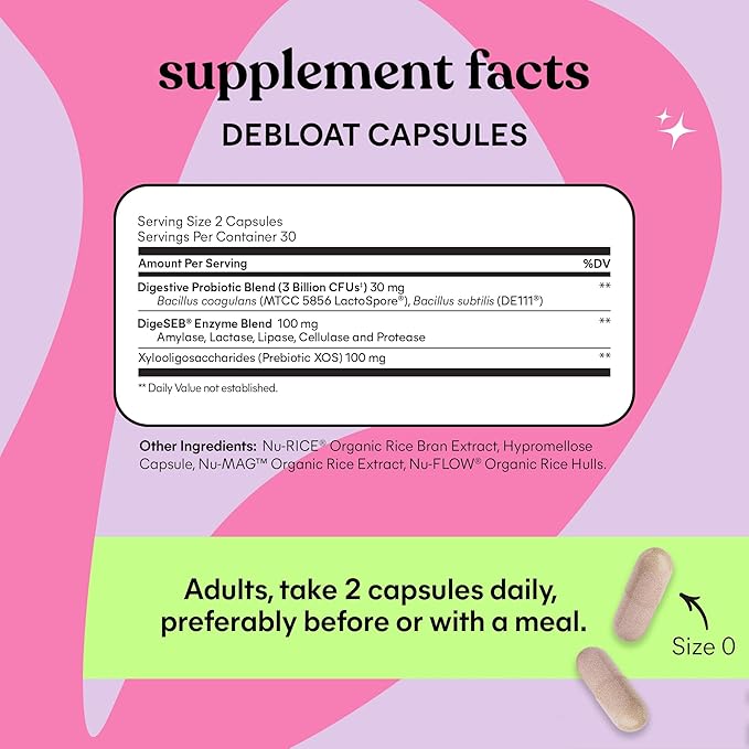 Lemme Debloat 3-in-1 Prebiotic, Probiotic & Digestive Enzyme Capsules for Bloating & Gas Relief - 2 Clinically Studied Probiotics w/5 Digestive Enzymes to Improve Digestion, Women & Men, (60 Count)