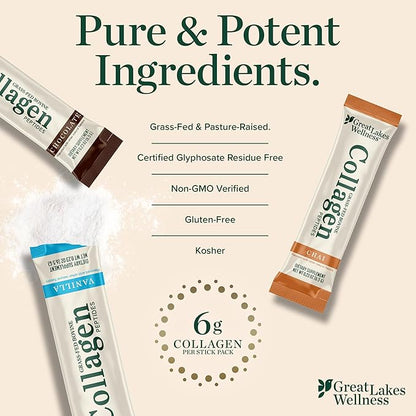 Great Lakes Wellness Collagen Peptides Powder for Skin, Hair, Nails, Joints & Digestion - Variety Flavors - Quick Dissolve Hydrolyzed, Non-GMO, Kosher - 6 Sticks - Packaging May Vary