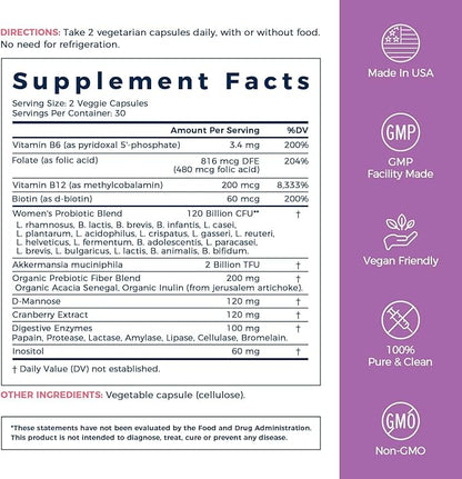 NewRhythm Probiotics for Women, Akkermansia Probiotic, Biotin, Vitamin B6 B12 & Inositol, 120 Billion CFU 20 Strains, Digestive Enzymes, Prebiotics & Vaginal Probiotics for PH Balance, 60 Capsules