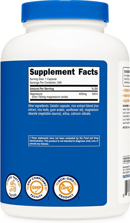 Nutricost Magnesium Oxide 750mg, 240 Capsules - 420mg of Magnesium, Non-GMO, Gluten Free