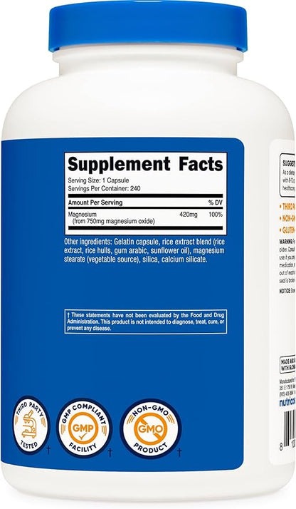 Nutricost Magnesium Oxide 750mg, 240 Capsules - 420mg of Magnesium, Non-GMO, Gluten Free
