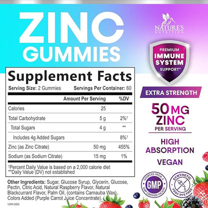 Zinc Gummies - 50mg Zinc Per Serving Immune Skin & Bone Support Health Gummy - Premium Antioxidant Chewable, High Absorption Vegan, Best Supplements Vitamin for Adults, Tasty Berry Flavor, 120 Gummies