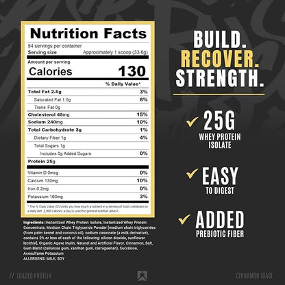RYSE Loaded Protein Powder - Cinnamon Toast - 25g Whey Protein Isolate & Concentrate with Prebiotic Fiber & MCTs - Low Carb, Low Sugar, Digestive-Friendly - 54 Servings / 4 lb Tub