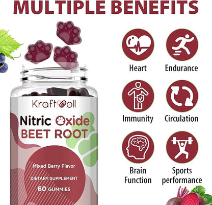 Beet Root Gummies 6000mg – Nitric Oxide Booster with Grape Seed, Pomegranate, Vitamins C & B12 – Nitric Oxide Supplements for Men – Mixed Berry Flavor – 60 Gummies
