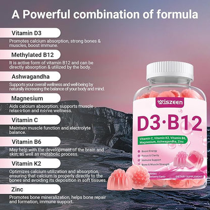 Vitamin D3 B12 Gummies, Vitamin D3 10000 IU & Methylated B12 500mcg for Adults, D3 B12 Vitamin Supplement with Ashwagandha, Magnesium, Vitamin K2 for Immune & Energy Support