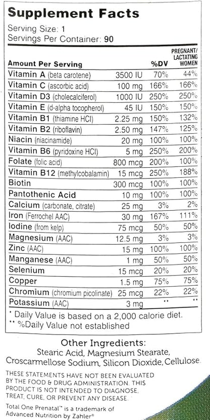 Zahler - Total One Prenatal Vitamins for Women (90 Count) Daily Multi Vitamin Prenatals with Folic Acid, Iron, Zinc & 19 Other Essential Vitamins & Minerals - Kosher Pre Natal Multivitamin Capsules
