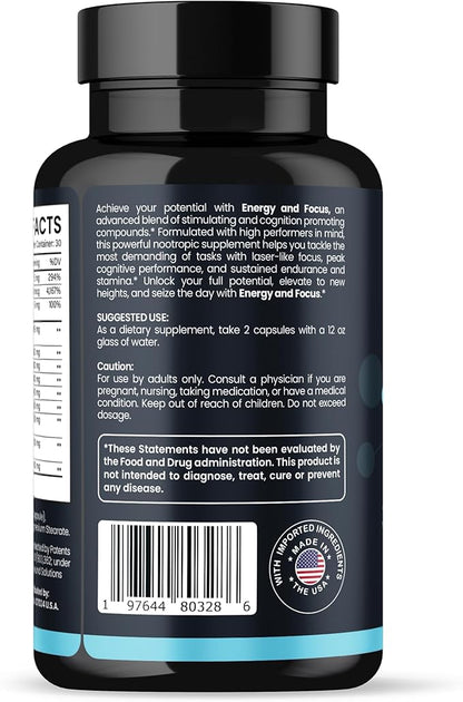 Energy and Focus - Extra Strength 200mg Caffeine and Lions Mane Mushroom Supplement, 60 Capsules - with Alpha GPC, L-Theanine, L-Tyrosine to Support Brain Function and Concentration