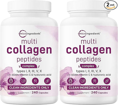 Micro Ingredients 2 Pack Multi Collagen Pills for Women & Men, 480 Capsules | Type I, II, III, V, X | Hydrolyzed Protein Peptides with Biotin, Hyaluronic Acid, & Vitamin C | Keto & Paleo Friendly