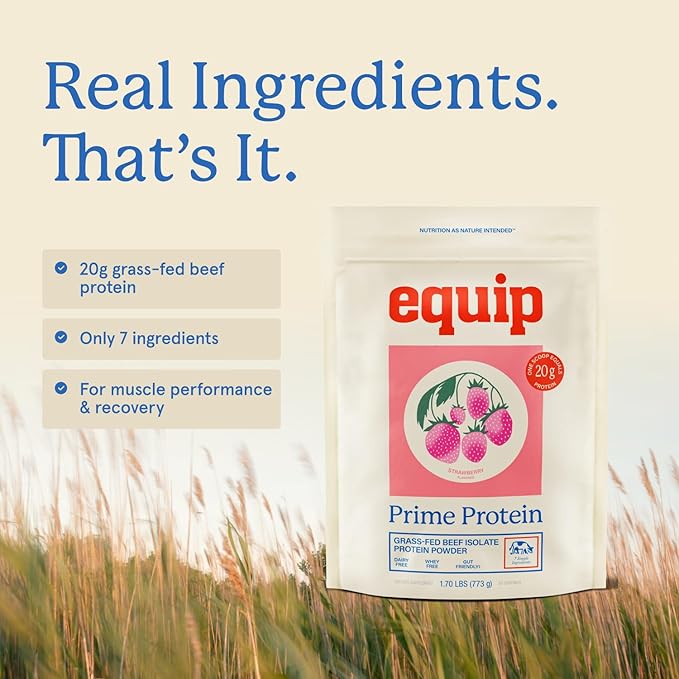 Equip Foods Prime Protein Powder | Clean, Grass Fed Beef Protein Powder | Carnivore Protein Isolate | Paleo, Keto Friendly | Gluten & Dairy Free | Helps Build & Repair Tissue | 30 Servings, Strawberry