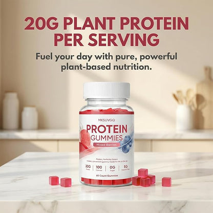 Protein Gummies,20g Protein Per Bottle, Sugar-Free, Mixed Berry Flavor, Low Calorie Vegan Protein Snack, Gluten & Soy Free, On-The-Go Nutrition,60 Gummies (red)