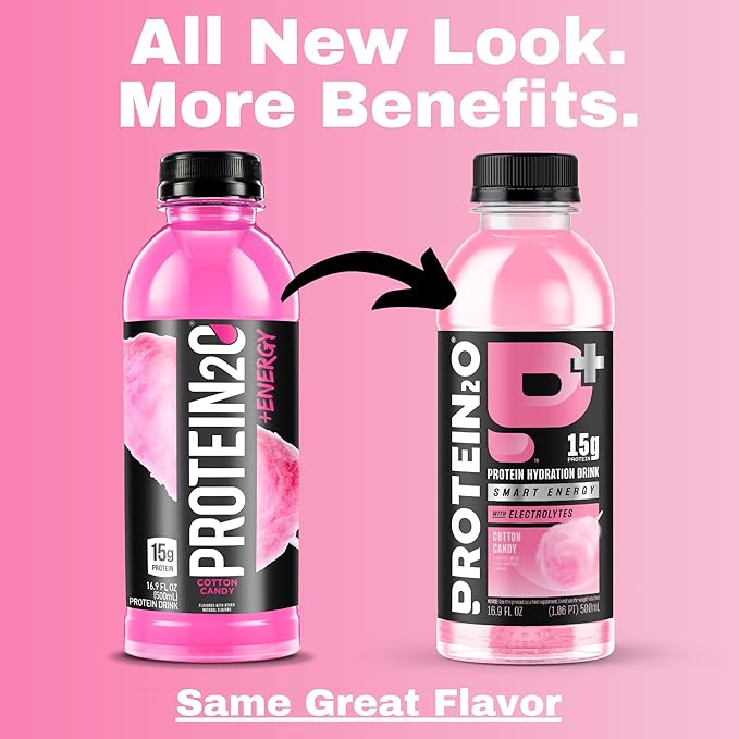 Protein2o 15g Whey Protein Isolate Hydration Drink Plus Energy & Focus,350mg of Electrolytes,Vitamins B5 & B6,Sugar Free,Cotton Candy,16.9 oz Bottle,(Pack of 24)