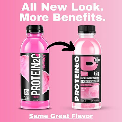 Protein2o 15g Whey Protein Isolate Hydration Drink Plus Energy & Focus,350mg of Electrolytes,Vitamins B5 & B6,Sugar Free,Cotton Candy,16.9 oz Bottle,(Pack of 24)