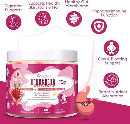 Migcopat 10G Fiber Gummies with Collagen Peptides, Hyaluronic Acid, Vitamin C, ACV, 30 Billion CFU Probiotics – Sugar Free Collagen Gummy for Skin, Hair & Nails – Digestive Health Support – 60 Cts