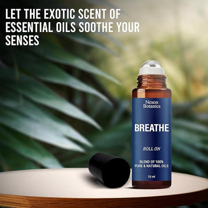 Breathe Essential Oil Roll-On 10 ml - Pure Eucalyptus, Peppermint & Rosemary Oils Blend Roller for Clear Breathing & Respiratory Support - Nexon Botanics