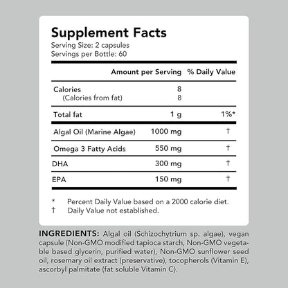 AMANDEAN Vegan Omega 3 Supplement. Premium Fish Oil Alternative. Algae DHA & EPA. Carrageenan Free Softgels. Algal Essential Fatty Acids. Plant Based Heart, Brain, Eye, Skin, Immune Support. (120ct)