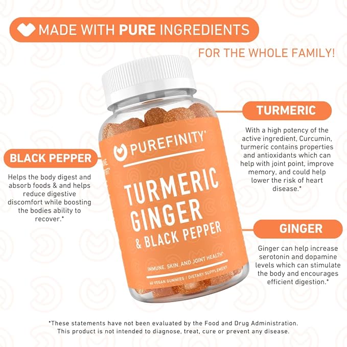 PUREFINITY Turmeric and Ginger Supplement Gummies with Black Pepper, Joint Support Curcumin Chewables with Delicious Flavor – Gluten Free, Non-GMO, Vegan, 60 Count