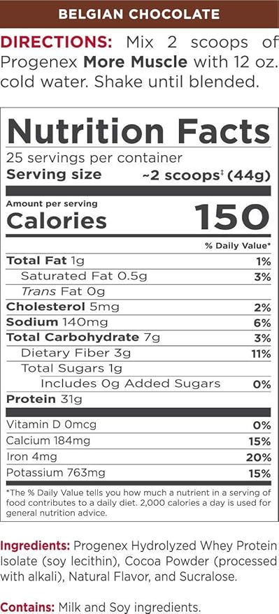Progenex® More Muscle | No Added Sugar, Hydrolyzed Whey Protein Isolate Powder | Natural Lean Muscle Gainer. Best Tasting Low Carb Protein Shake for Women & Men. 25 Servings (Belgian Chocolate)