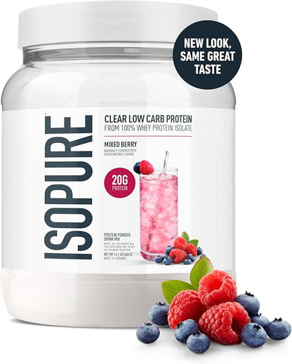 Isopure Clear Whey Isolate Protein Powder, Lactose Free, Gluten Free, Naturally Flavored, Mixed Berry, 20g Protein Per Serving, 14.1 Oz, 16 Servings (Packaging May Vary)