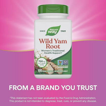Nature's Way Wild Yam Root Capsules,Women's Traditional Health Support*,700 mg per 2-Capsule Serving,Non-GMO Project Verified,100 Vegan Capsules (Packaging May Vary),(Pack of 2)