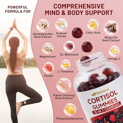 Unisex Cortisol Gummies - Contains Ashwagandha, Magnesium, L-Theanine - Unisex - Relieves Stress, Promotes Sleep, Detoxifies, Balances Hormones, 60 Count