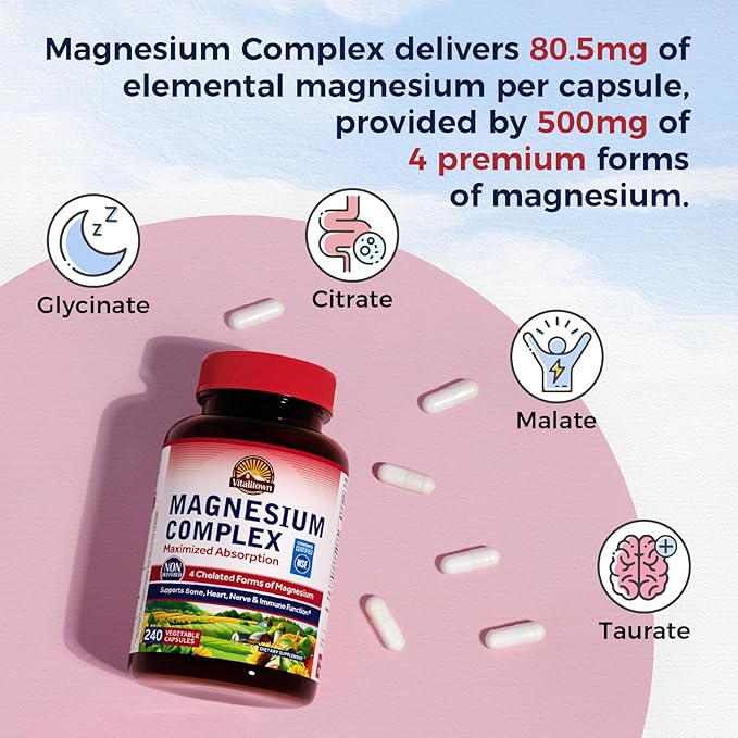 Vitalitown Magnesium Complex Supplement 500mg - NSF Certified Magnesium Glycinate, Malate, Taurate & Citrate - Chelated High Absorption & Gentle on Stomach - Vegan Non-GMO 240 Capsules