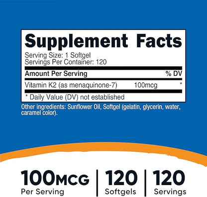 Nutricost Vitamin K2 MK-7 Supplement (100 mcg) 120 Softgels - GMO-Free