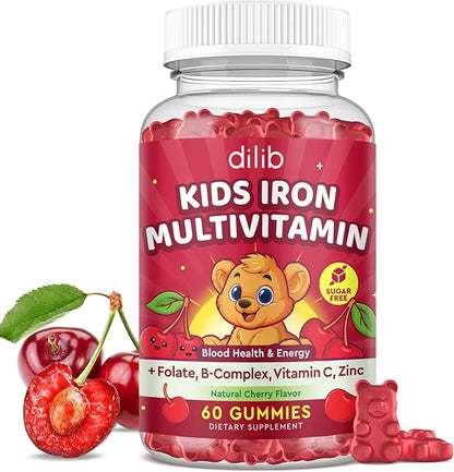 Iron Supplement Gummies for Kids, Kids Multivitamin with Iron Gummies - Zinc, Vitamin B Complex, A, C, D3, B12, Folate for Blood Builder & Energy Support, Iron Deficiency, Vegan Cherry 60ct
