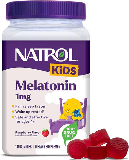Natrol Kids Melatonin Gummies 1mg, Children's Melatonin for Restful Sleep, 140 Raspberry-Flavored Sleep Gummies, 140 Day Supply