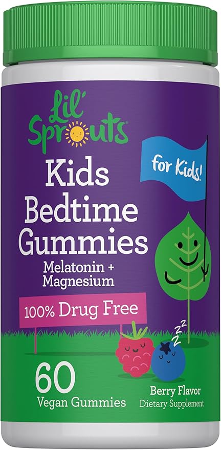 Lil' Sprouts Kids Melatonin & Magnesium | Bedtime Gummies | 60 Count | Berry Flavor | 100% Drug Free | Non-GMO and Gluten Free