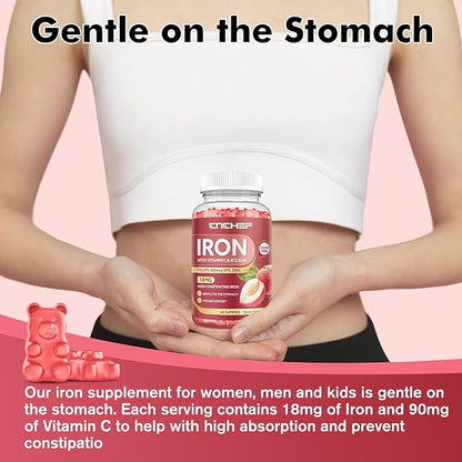 2PCS Iron Supplement for Women & Men Gummies, Multivitamin Blood Builder Iron Supplement with Folate Vitamin C B12 B6 Zinc for Adults & Kids - Energy Support - Peach Flavor, Vegan 120 Gummies