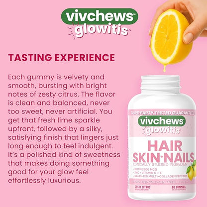 Glowitis Hair, Skin & Nails Gummies for Thick Hair, Strong Nails & Healthy Skin with Hydrolyzed Multi-Collagen Peptides, Biotin, Zinc, Vitamins C & E, Gluten-Free, Zesty Citrus Flavor, 60 Ct